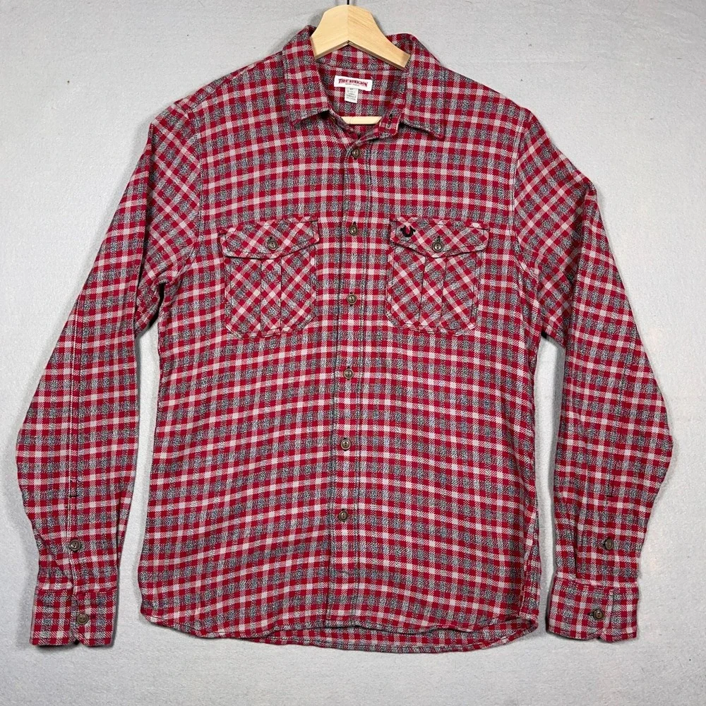 True Religion Flannel Shirt Men Small Regular Fit‎ Red Gray Plaid Plaid Outdoor